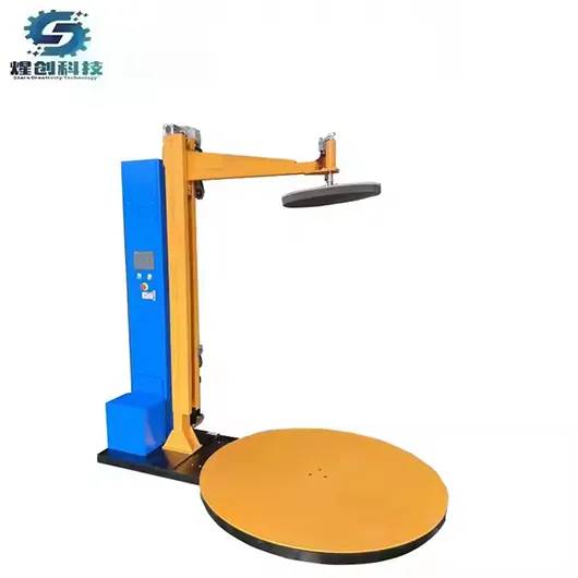 Pallet wrapping machine with top press plate